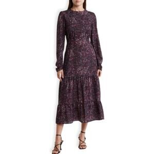 Area Stars Midi Dress Tiered Floral Print Long Sleeve Open Back Multicolor Small